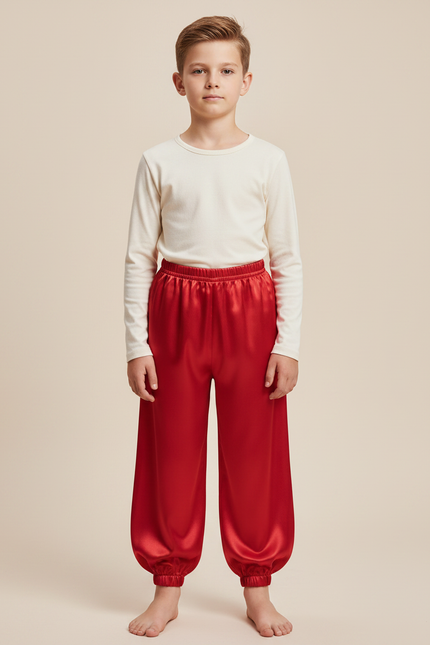 Pantalon Chinois Rouge Satiné Ample Enfant Traditionnel