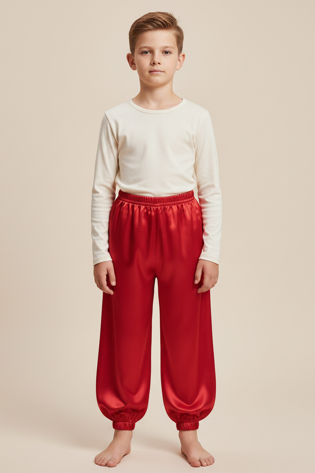 Pantalon Chinois Rouge Satiné Ample Enfant Traditionnel