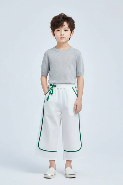 Pantalon Chinois Blanc Ample Cordon Vert Enfant - Lin