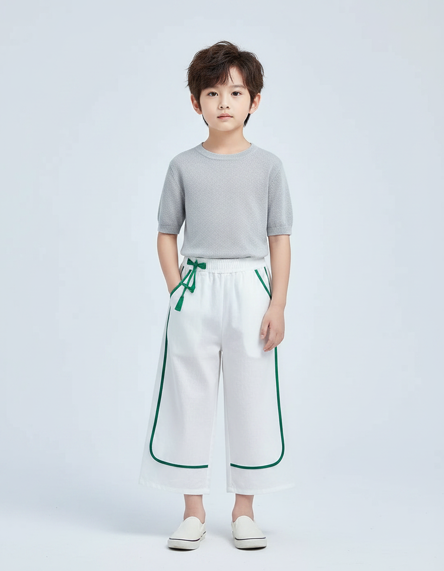 Pantalon Chinois Blanc Ample Cordon Vert Enfant - Lin