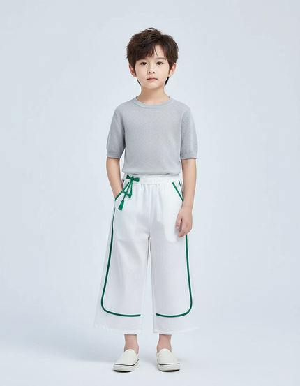 Pantalon Chinois Blanc Ample Cordon Vert Enfant - Lin