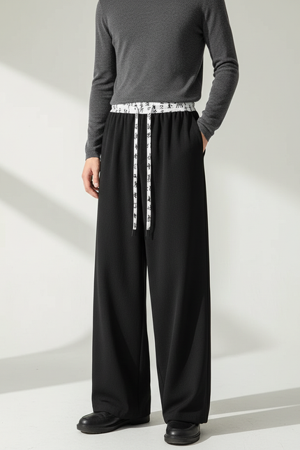 Pantalon Chinois Noir Ample Ceinture Calligraphie Décontracté - Molleton