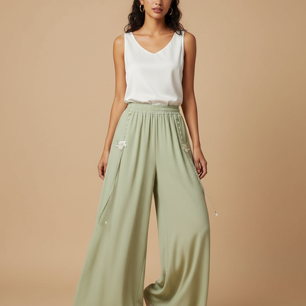 Pantalon Chinois Vert Sauge Ample Fluide Brodé Perlé - Viscose