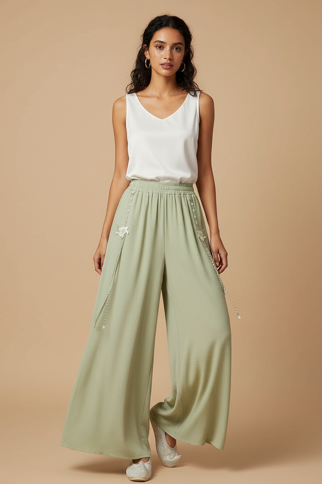 Pantalon Chinois Vert Sauge Ample Fluide Brodé Perlé - Viscose