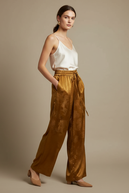 Pantalon Chinois Doré Soie Jacquard Ample Fluide