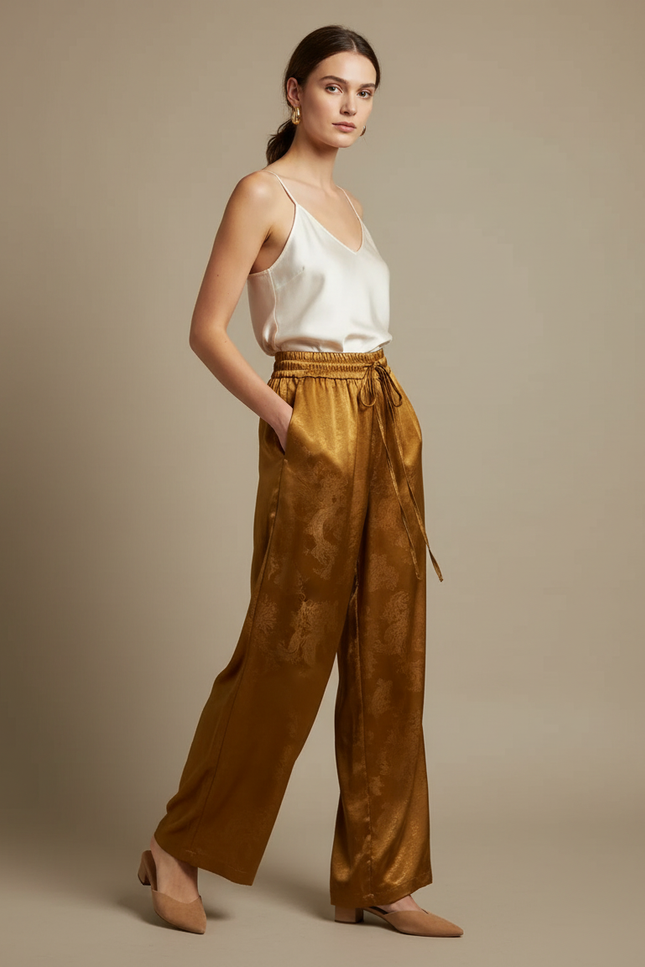 Pantalon Chinois Doré Soie Jacquard Ample Fluide