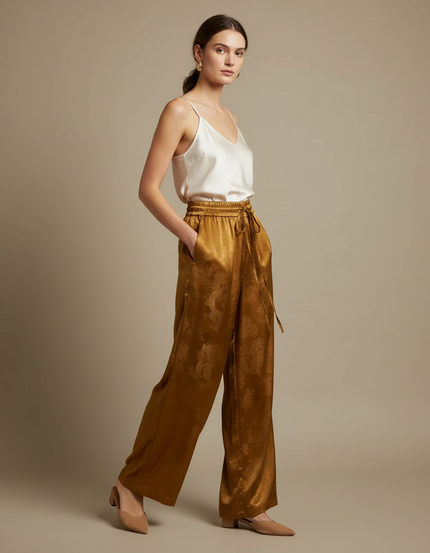 Pantalon Chinois Doré Soie Jacquard Ample Fluide