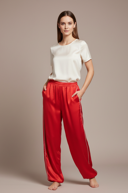 Pantalon Chinois Rouge Satin Fluide Ample Femme