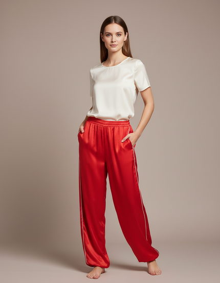 Pantalon Chinois Rouge Satin Fluide Ample Femme