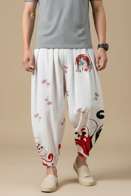 Pantalon Chinois Blanc Ample Imprimé Loup Fleuri Homme - Lin