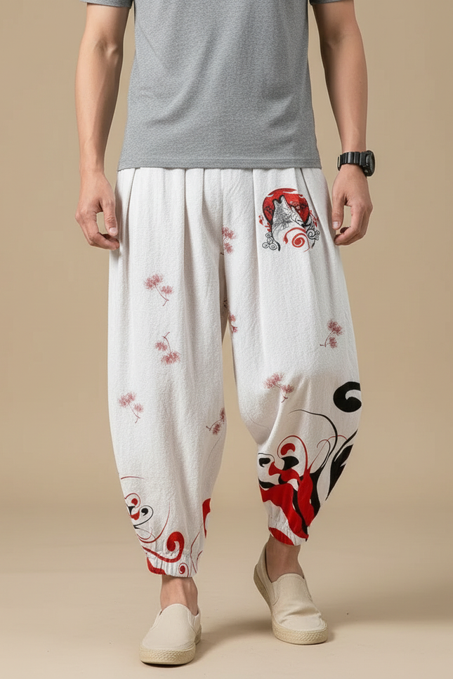 Pantalon Chinois Blanc Ample Imprimé Loup Fleuri Homme - Lin