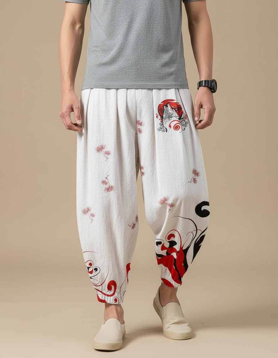 Pantalon Chinois Blanc Ample Imprimé Loup Fleuri Homme - Lin