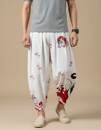 Pantalon Chinois Blanc Ample Imprimé Loup Fleuri Homme - Lin