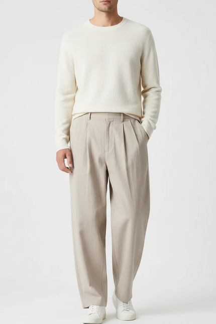 Pantalon Chinois Plissé Ample Beige Décontracté Homme - Coton