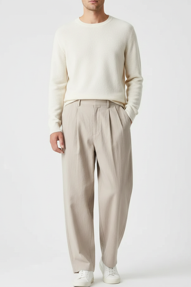 Pantalon Chinois Plissé Ample Beige Décontracté Homme - Coton