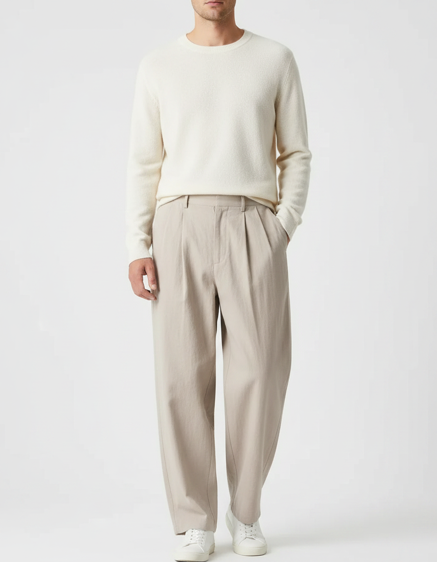 Pantalon Chinois Plissé Ample Beige Décontracté Homme - Coton