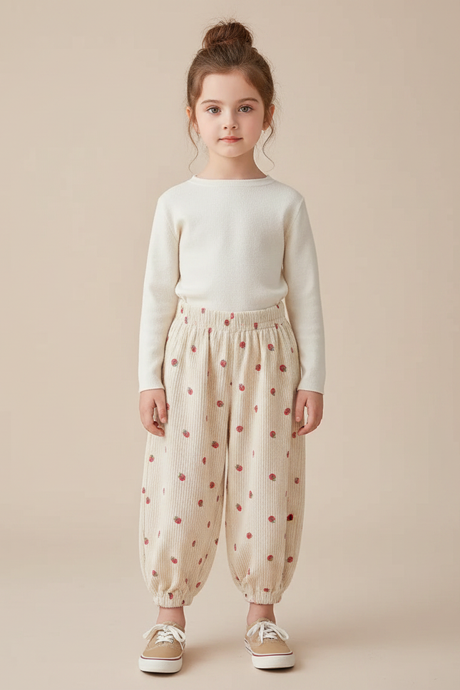Pantalon Chinois Beige Côtelé Fraises Ample Enfant - Cordé