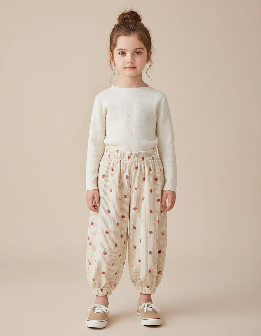 Pantalon Chinois Beige Côtelé Fraises Ample Enfant - Cordé