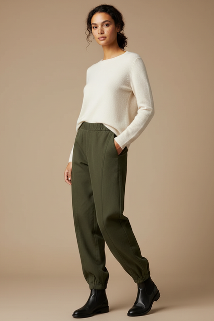 Pantalon Chinois Vert Kaki Ample Élastique Confortable - Gabardine