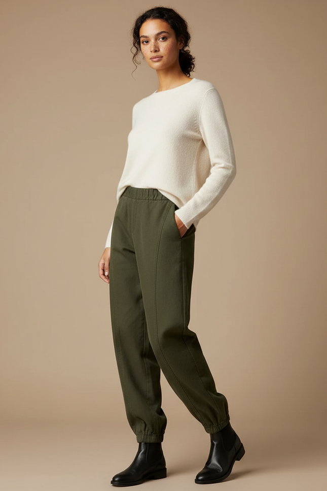 Pantalon Chinois Vert Kaki Ample Élastique Confortable - Gabardine