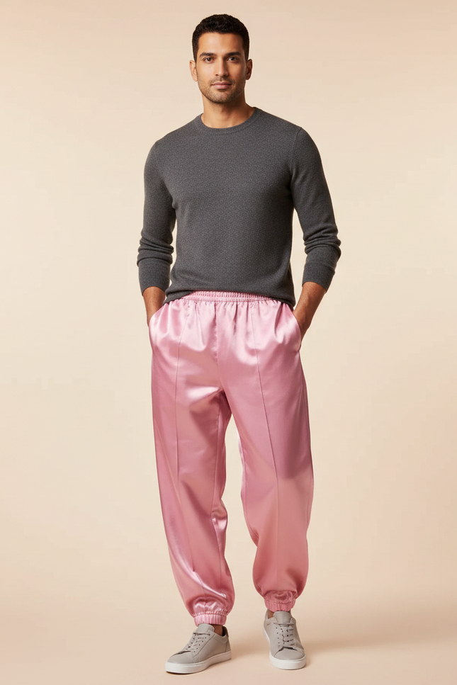 Pantalon Chinois Rose Satin Ample Brillant Homme