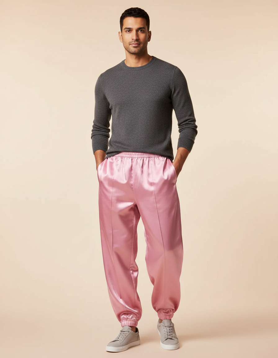 Pantalon Chinois Rose Satin Ample Brillant Homme