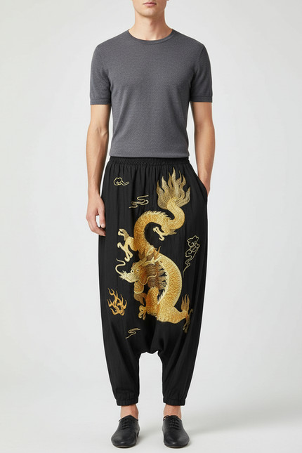 Pantalon Chinois Noir Brodé Dragon Harem Ample - Lin