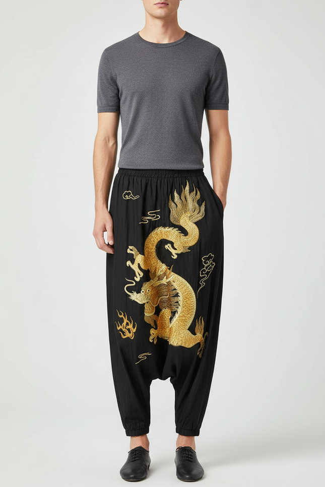 Pantalon Chinois Noir Brodé Dragon Harem Ample - Lin