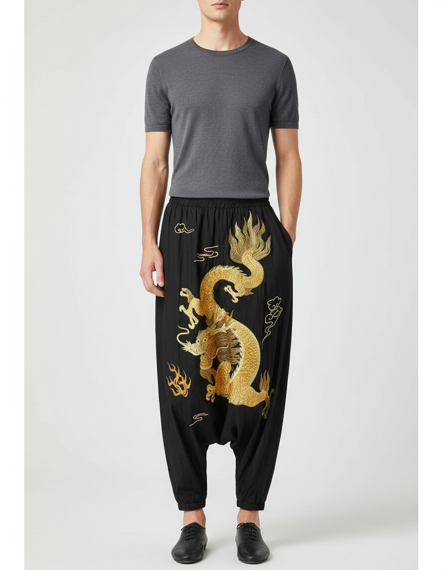 Pantalon Chinois Noir Brodé Dragon Harem Ample - Lin
