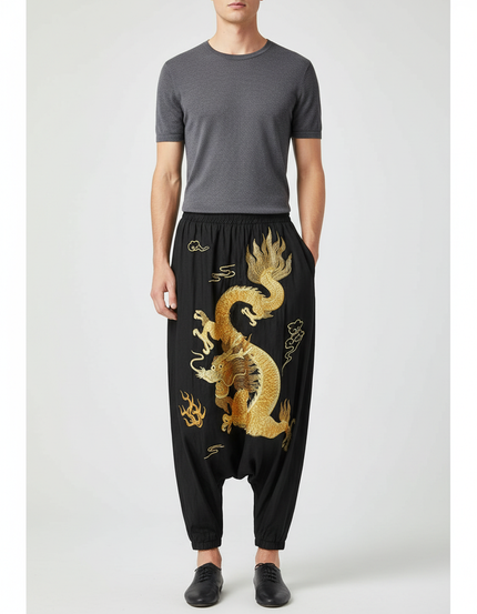 Pantalon Chinois Noir Brodé Dragon Harem Ample - Lin