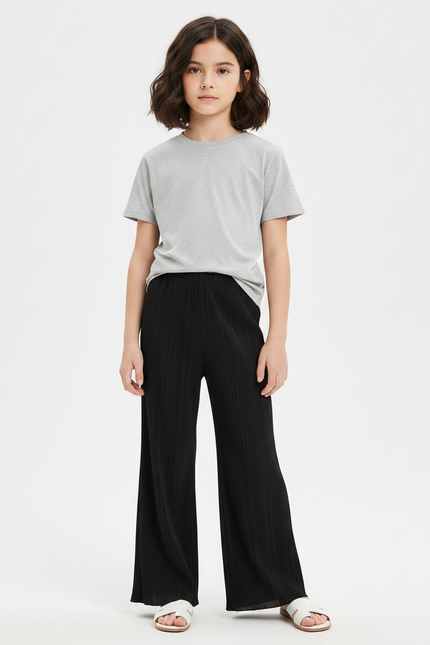 Pantalon Chinois Noir Plissé Ample Ondulé Fille - Polyester