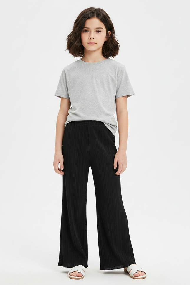 Pantalon Chinois Noir Plissé Ample Ondulé Fille - Polyester