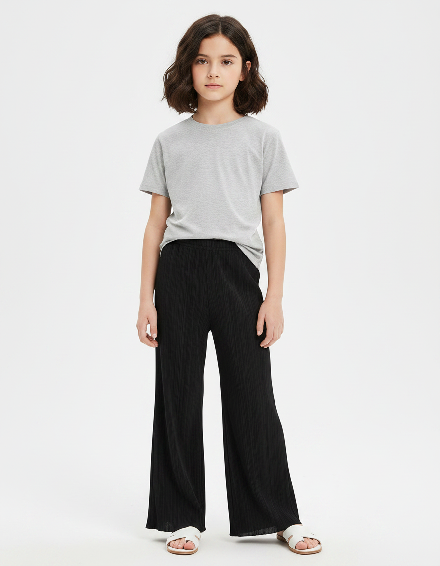 Pantalon Chinois Noir Plissé Ample Ondulé Fille - Polyester