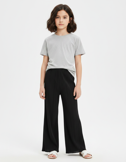 Pantalon Chinois Noir Plissé Ample Ondulé Fille - Polyester