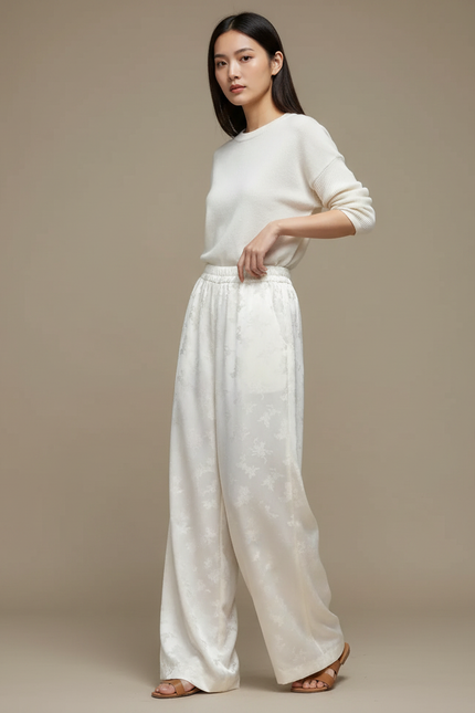 Pantalon Chinois Blanc Crème Fluide Ample Motif Floral - Satin