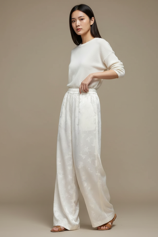 Pantalon Chinois Blanc Crème Fluide Ample Motif Floral - Satin