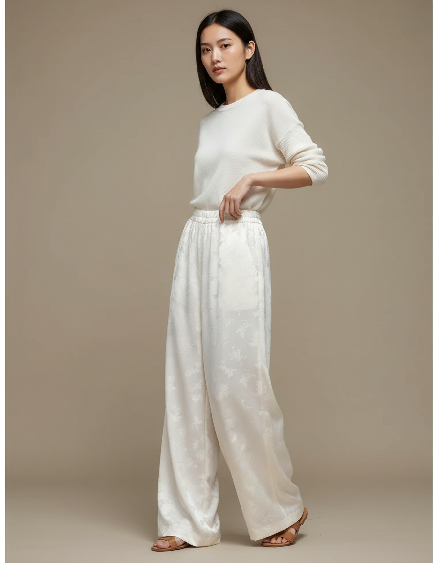 Pantalon Chinois Blanc Crème Fluide Ample Motif Floral - Satin