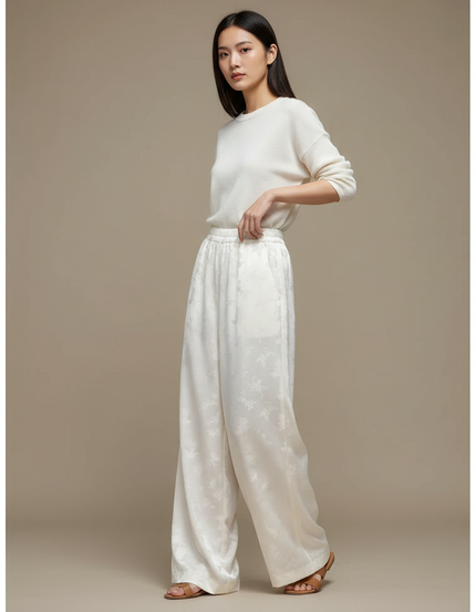 Pantalon Chinois Blanc Crème Fluide Ample Motif Floral - Satin