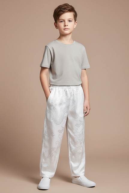 Pantalon Chinois Blanc Satiné Ample Dragon Enfant