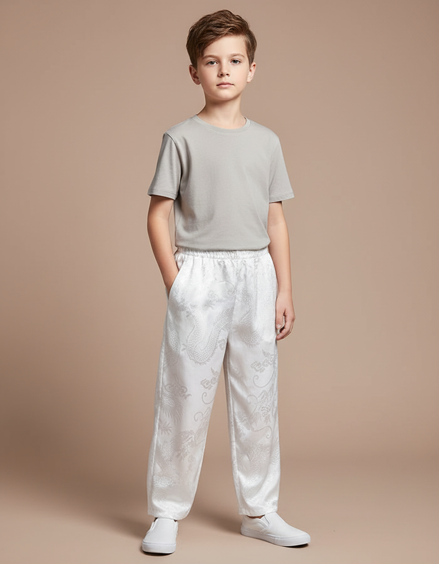 Pantalon Chinois Blanc Satiné Ample Dragon Enfant