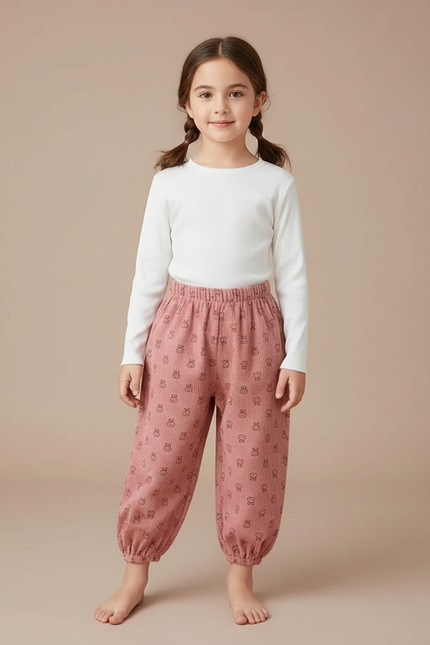 Pantalon Chinois Rose Côtelé Bouffant Imprimé Enfant - Cordé