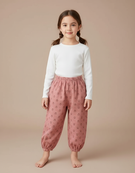 Pantalon Chinois Rose Côtelé Bouffant Imprimé Enfant - Cordé