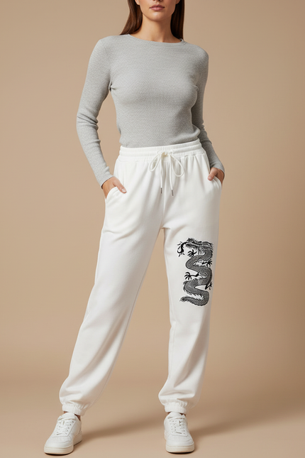 Pantalon Chinois Blanc Dragon Imprimé Jogger Cordon - Molleton