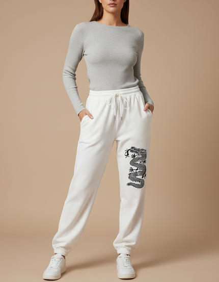 Pantalon Chinois Blanc Dragon Imprimé Jogger Cordon - Molleton