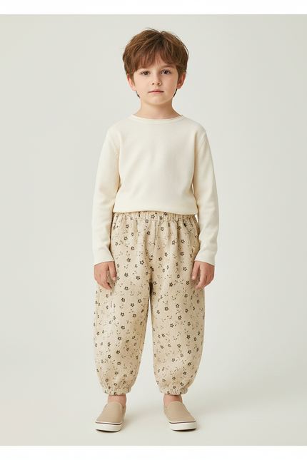 Pantalon Chinois Beige Côtelé Ample Floral Enfant - Cordé