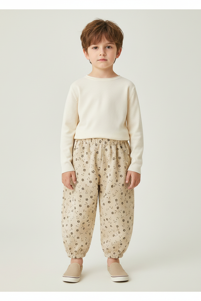 Pantalon Chinois Beige Côtelé Ample Floral Enfant - Cordé