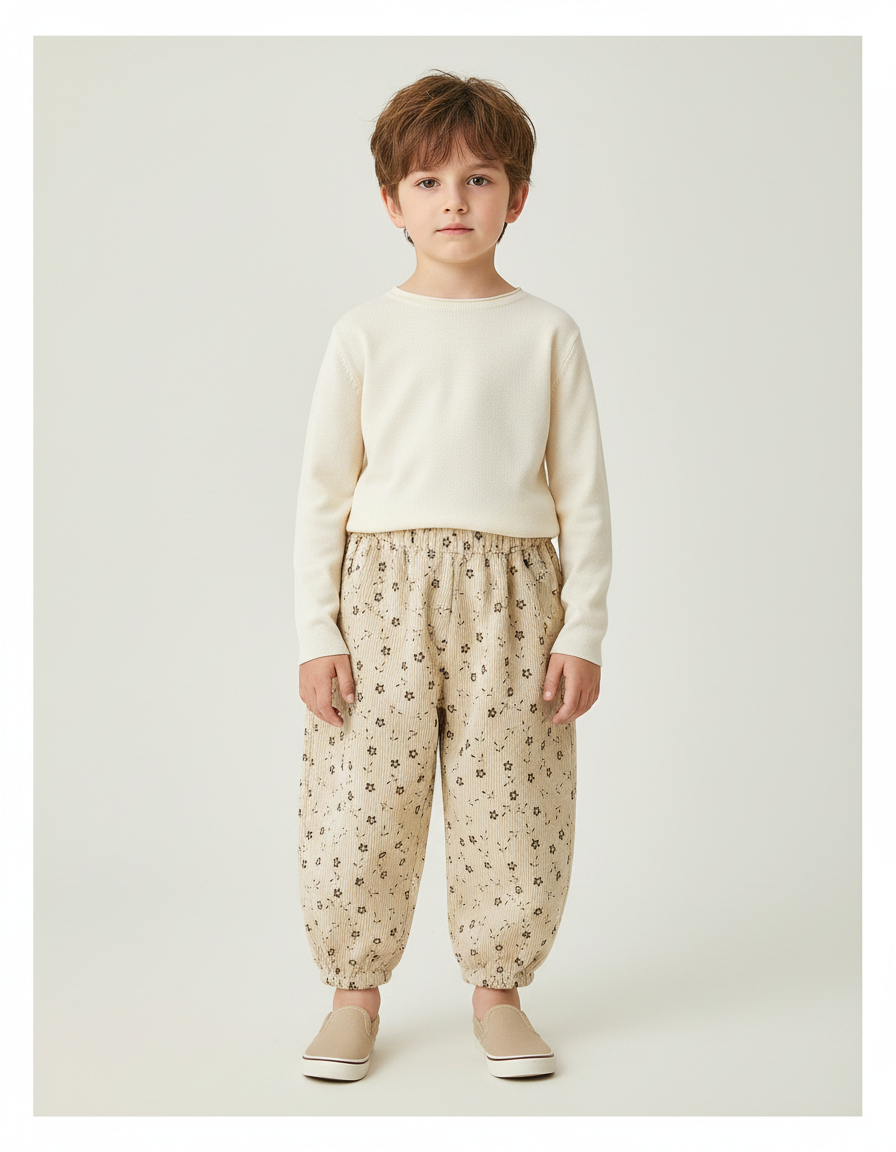 Pantalon Chinois Beige Côtelé Ample Floral Enfant - Cordé