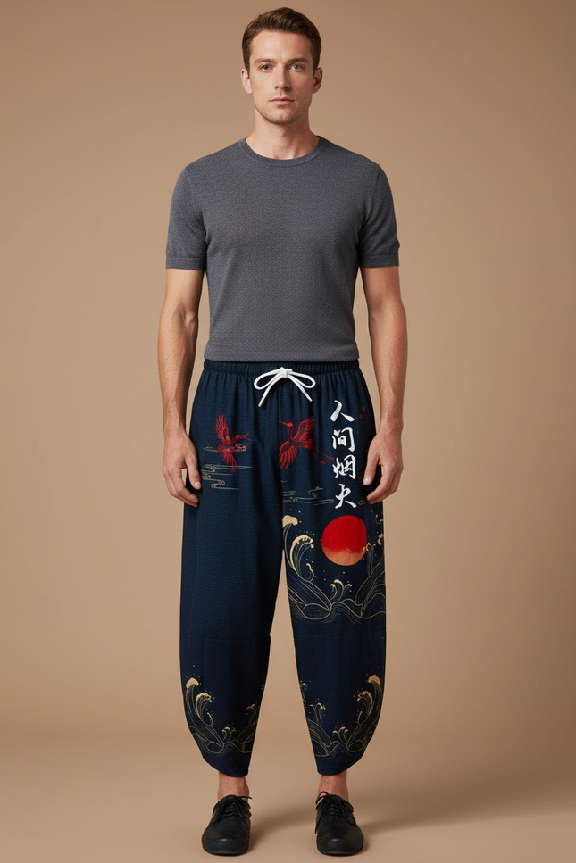 Pantalon Chinois Harem Bleu Marine Grue Soleil Vagues - Coton