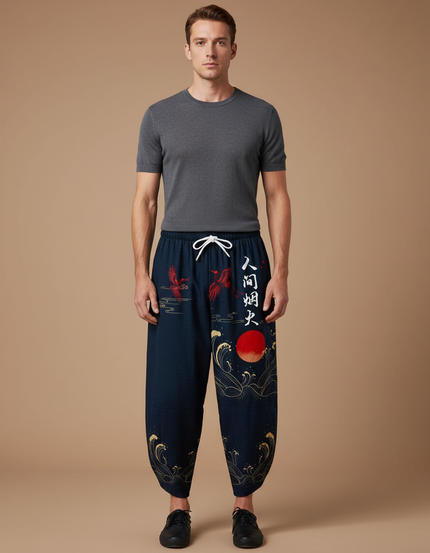 Pantalon Chinois Harem Bleu Marine Grue Soleil Vagues - Coton