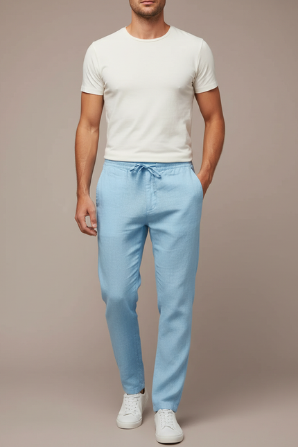 Pantalon Chinois Bleu Ciel Lin Décontracté Cordon Homme
